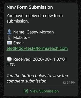FormsReach WhatsApp notification for a new form submission, showing name, mobile, email, and a View Submission button