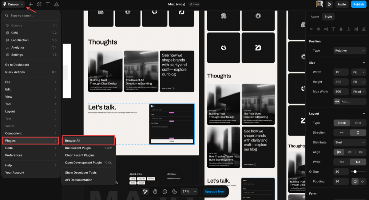 Framer canvas with a website design ready for a contact form