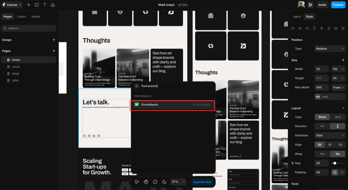 Opening the FormsReach plugin from Framer