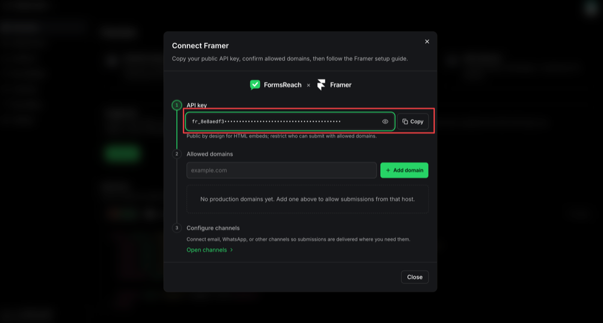 FormsReach onboarding dialog showing the form API key
