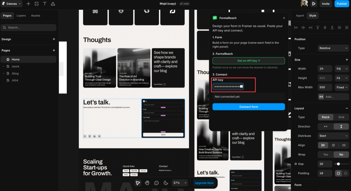 Pasting the FormsReach API key into the Framer plugin
