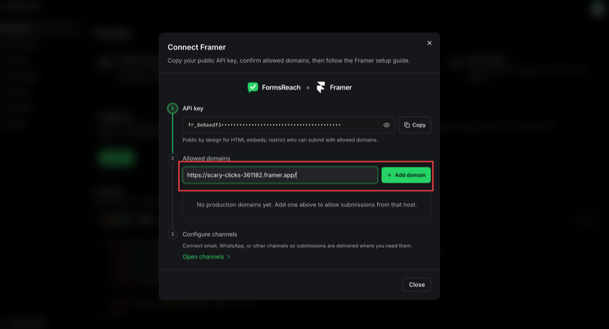 Adding the Framer published domain to FormsReach allowed domains