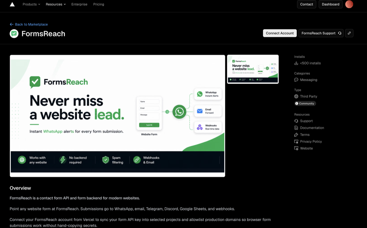 FormsReach listing on the Vercel Marketplace