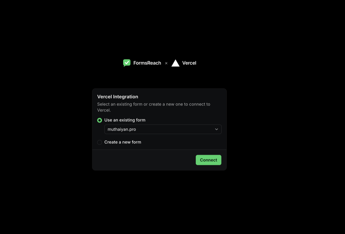 Vercel Integration modal to select or create a FormsReach form