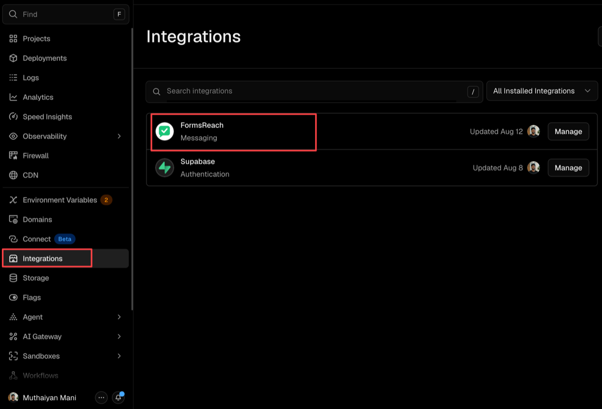 Vercel dashboard Integrations list showing FormsReach installed